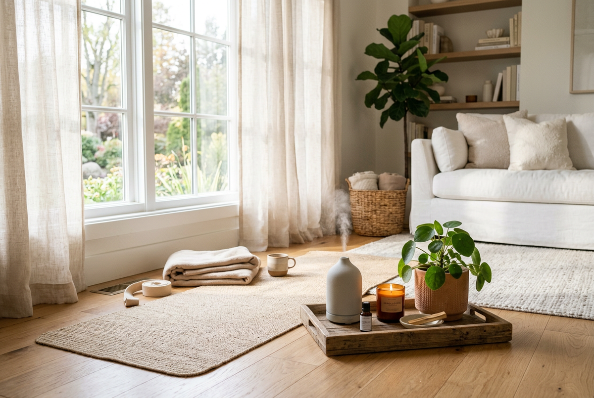 A styled interior scene in a bright living room with a white sofa, sheer curtains, wood flooring, and a wooden tray holding a small potted plant, a gray diffuser, and a lit candle. A folded beige rug, a cup, and other home accessories are arranged near the window.